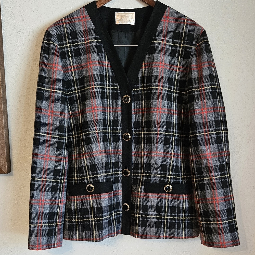 Pendleton Woolen Mills Vtg Red/Black/Gray Wool Plaid Blazer Womens Size 8 V-Neck